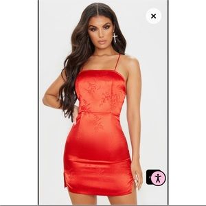 Red Satin Mixed print Lace Up Back Bodycon mini dress Size 4